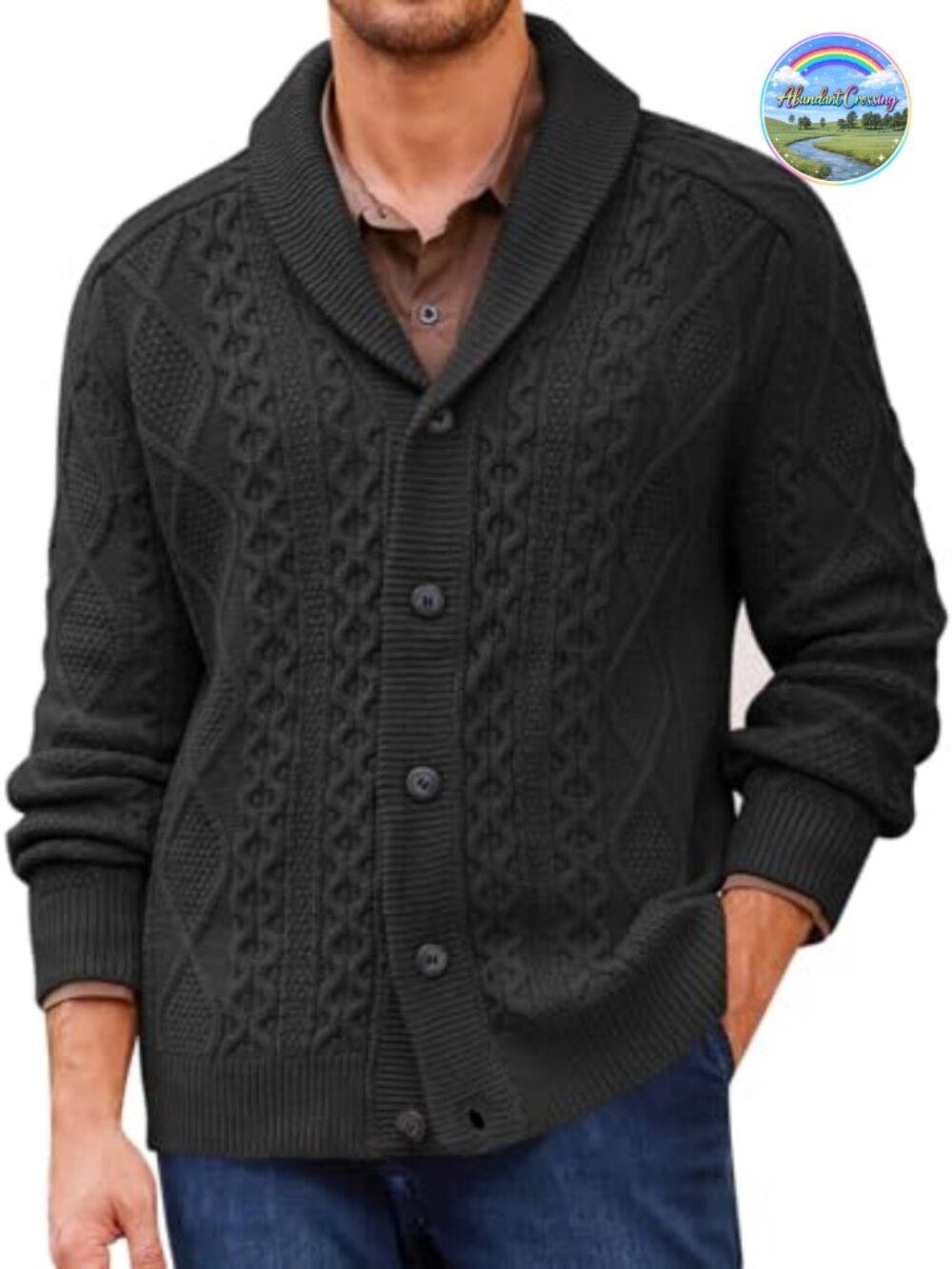 Men's Chunky Cable Knit Cardigan Shawl Collar Button Up Soft Warm